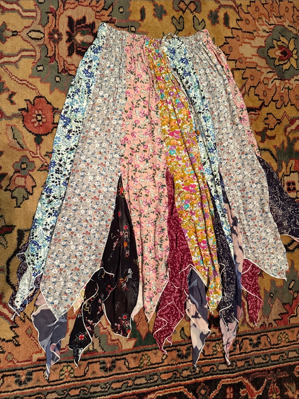 Bohemian Floral Patchwork Handkerchief Hem medium Skirt - Multi Pink